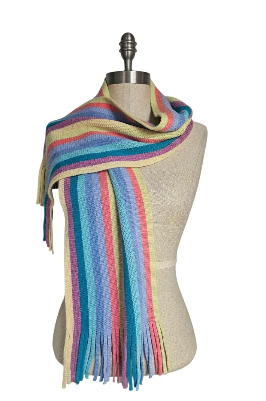 Y2K Pastel Rainbow Stripe Knit Scarf with Fringe Detail | SZ 52
